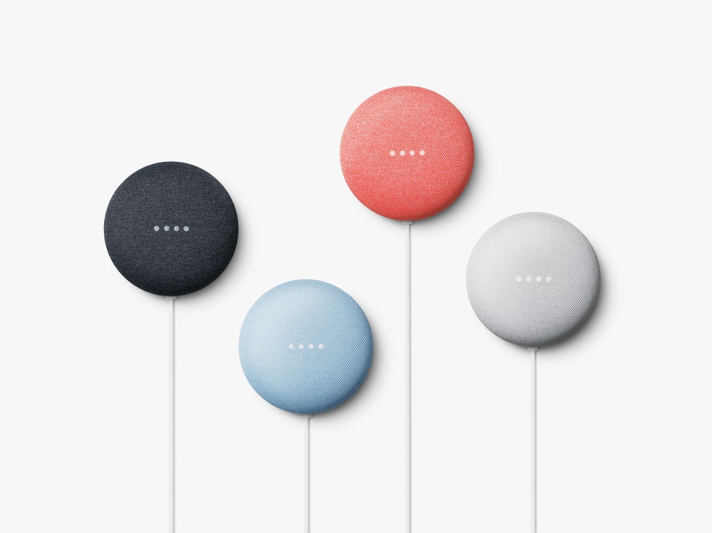 4 new nest mini devices in black blue red and grey